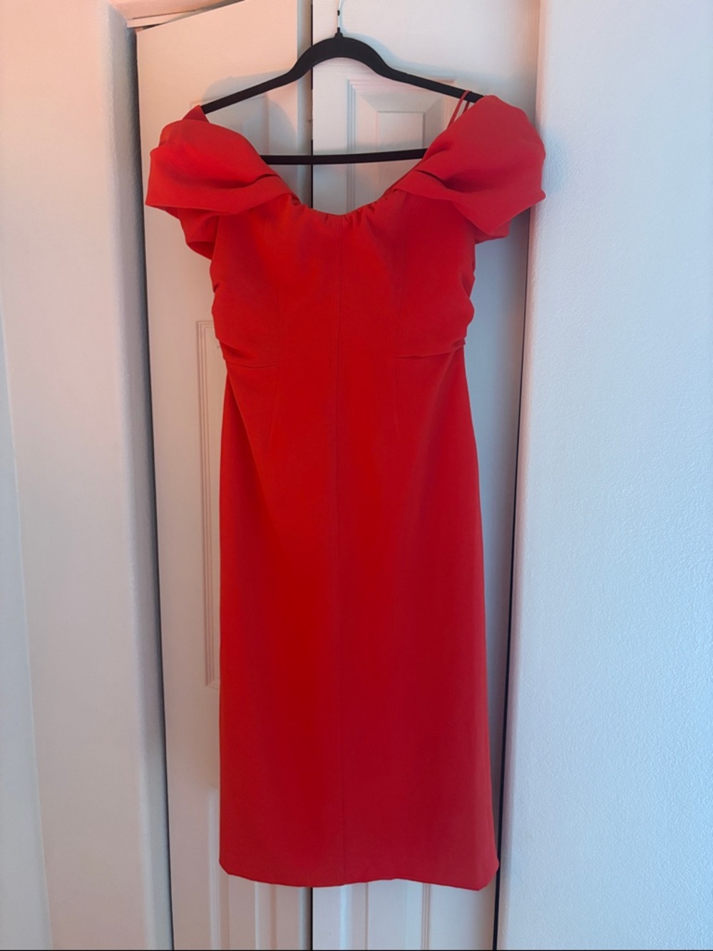 A.L.C. Off-Shoulder Red Midi Dress | Draped Bodice | Pencil Skirt | Size 4